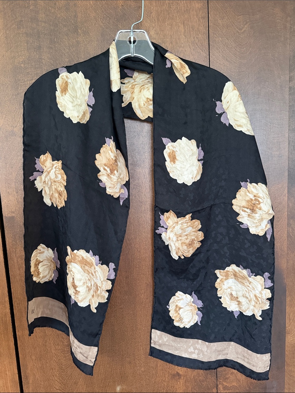 Vintage Bill Blass Silk Scarf Large flowers Black Mauve Brown rectangular